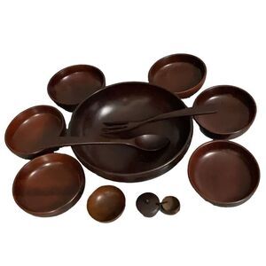 Vintage Mahogany Wood 1950s Salad Bowls Fork Spoon Serves 6 Condiment Jar